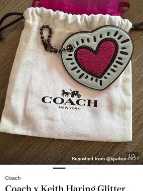 Coach Pink Glitter Heart Key & Card Holder Charm with Silver Trim